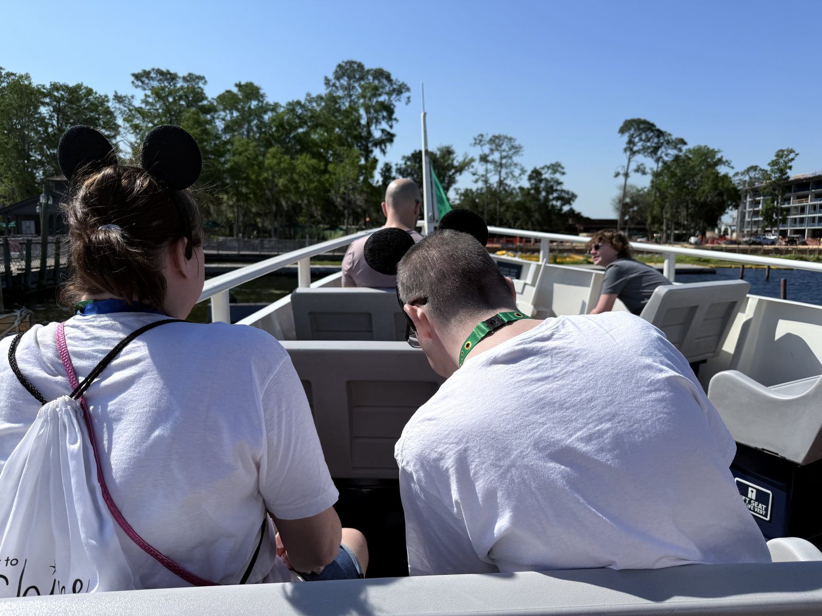 J&J aboard the Fort Wilderness ferry, crossing Bay Lake